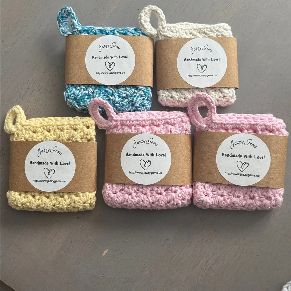 5 Crochet Washcloths Dishcloths with Hanging Loop 100% Cotton Handmade Bundle
